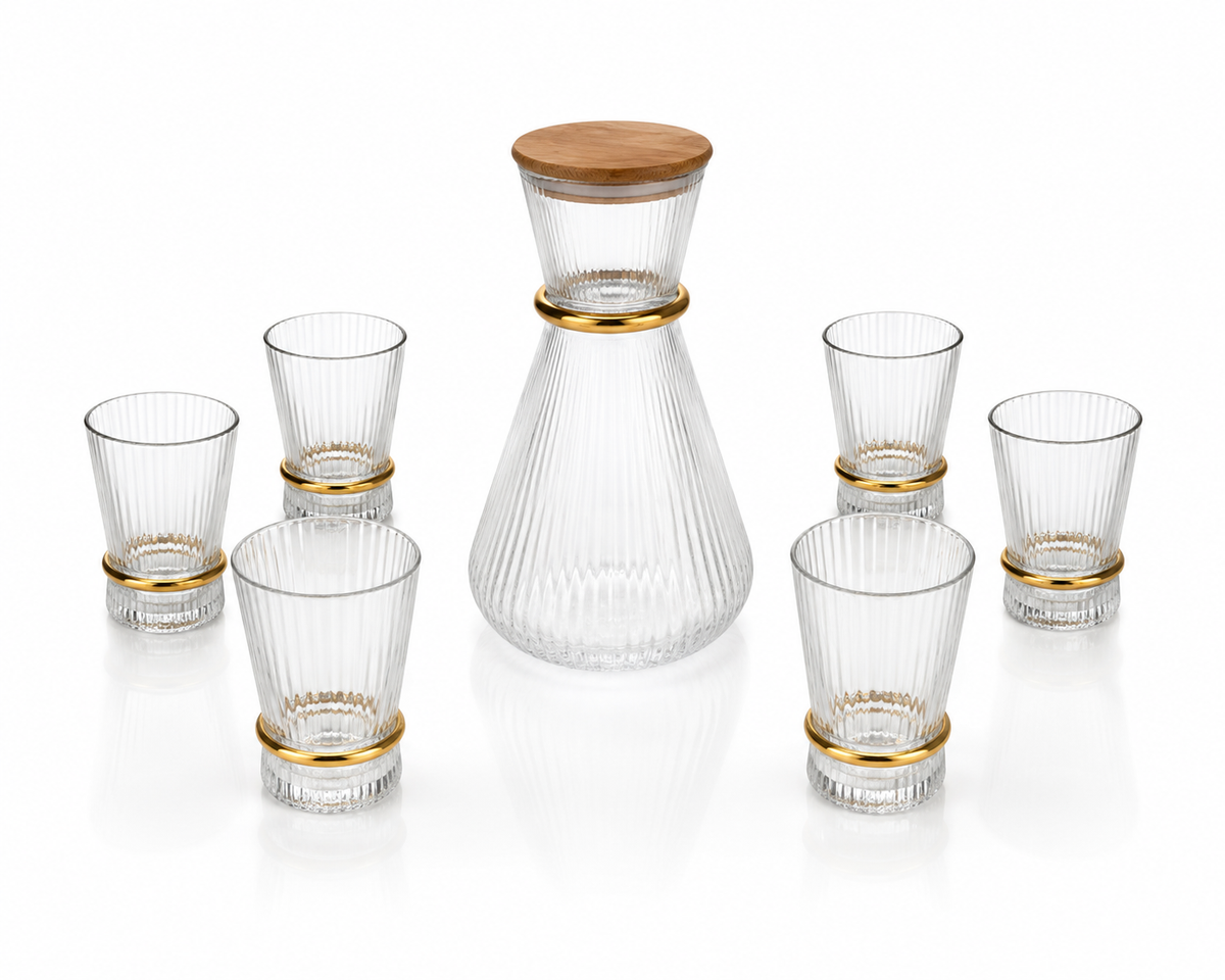 Ensemble Carafe et 6 Verres "Élégance Dorée & Bambou"