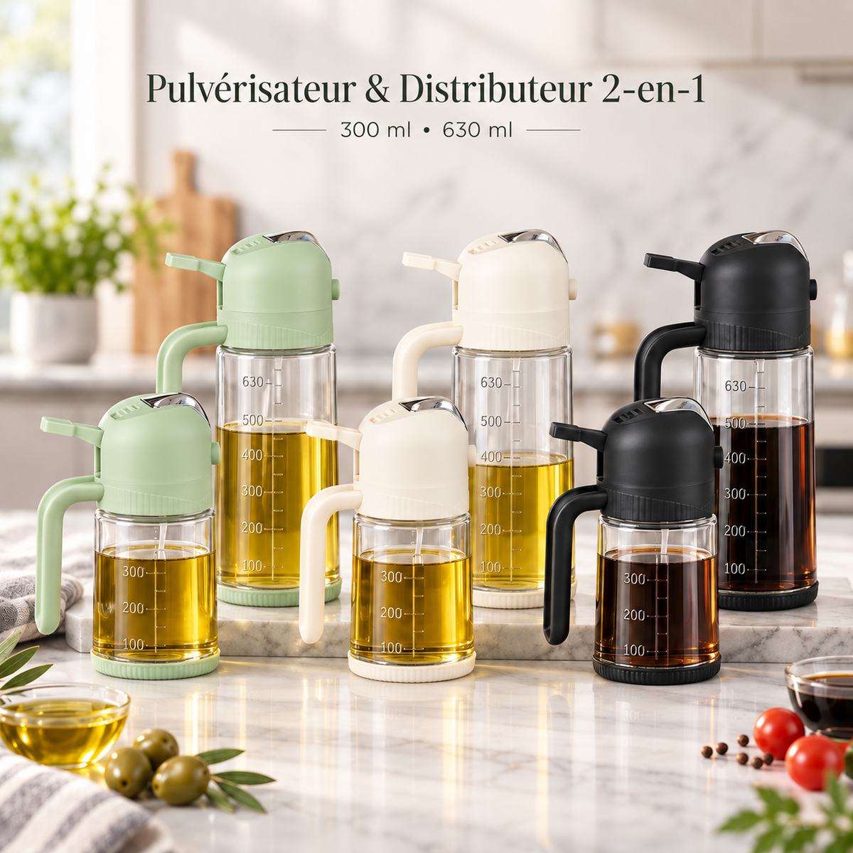 Pulvérisateur & Distributeur d'Huile 2-en-1 (Ensemble Duo 300 ml & 630 ml)