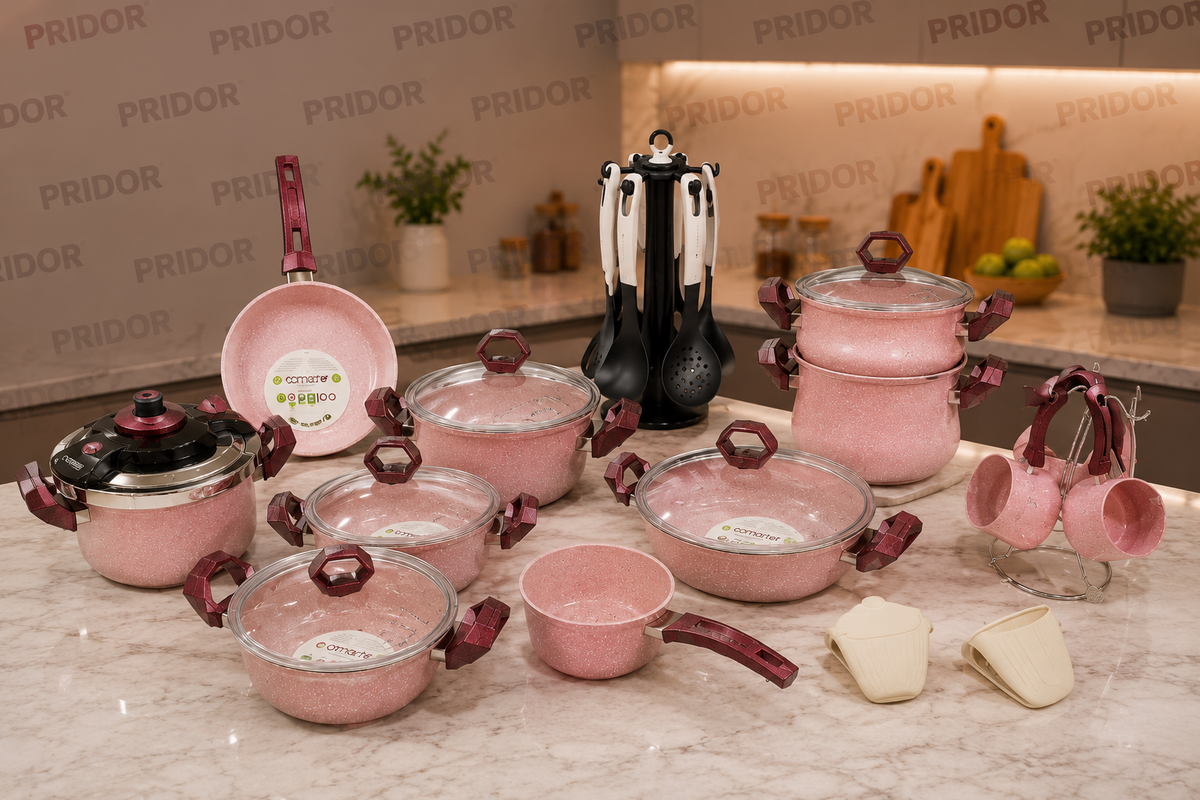 Set de Cuisine Comarter Rose – Batterie Complète avec Couvercles en Verre