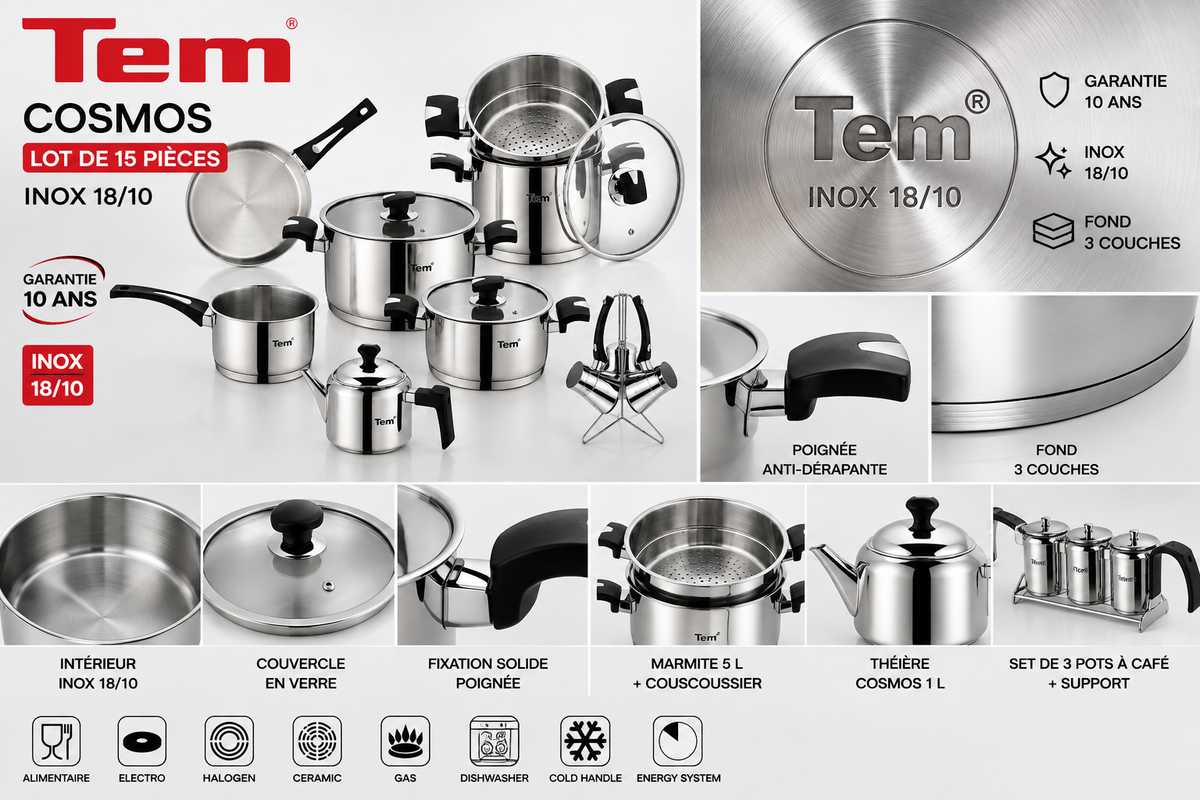 Tem Cosmos - Batterie 15 Pièces - Inox 18/10 - (Garantie 10 ans)