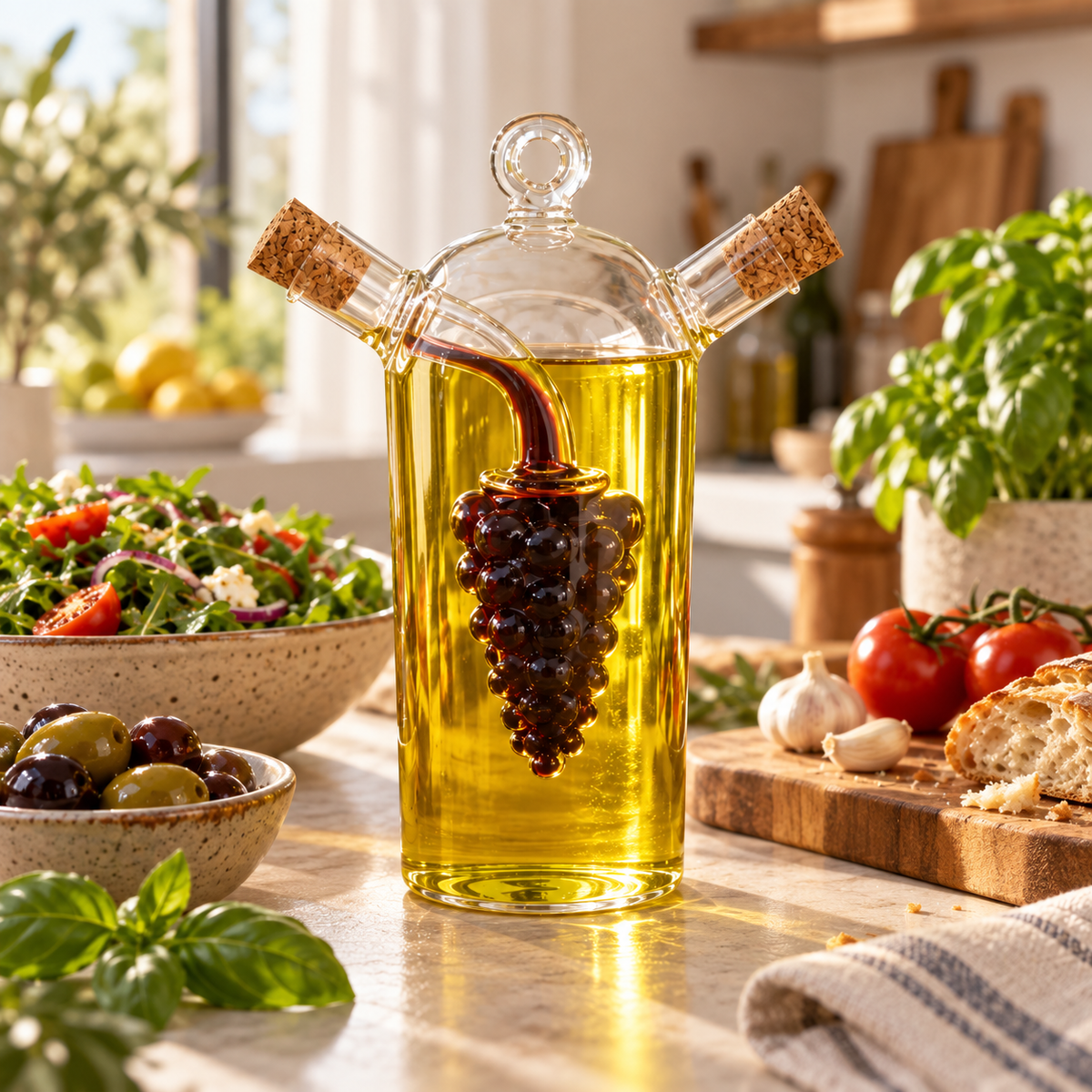 Bouteille 2-en-1 Huile et Vinaigre – Design Grappe de Raisin (300 ml / 100 ml)