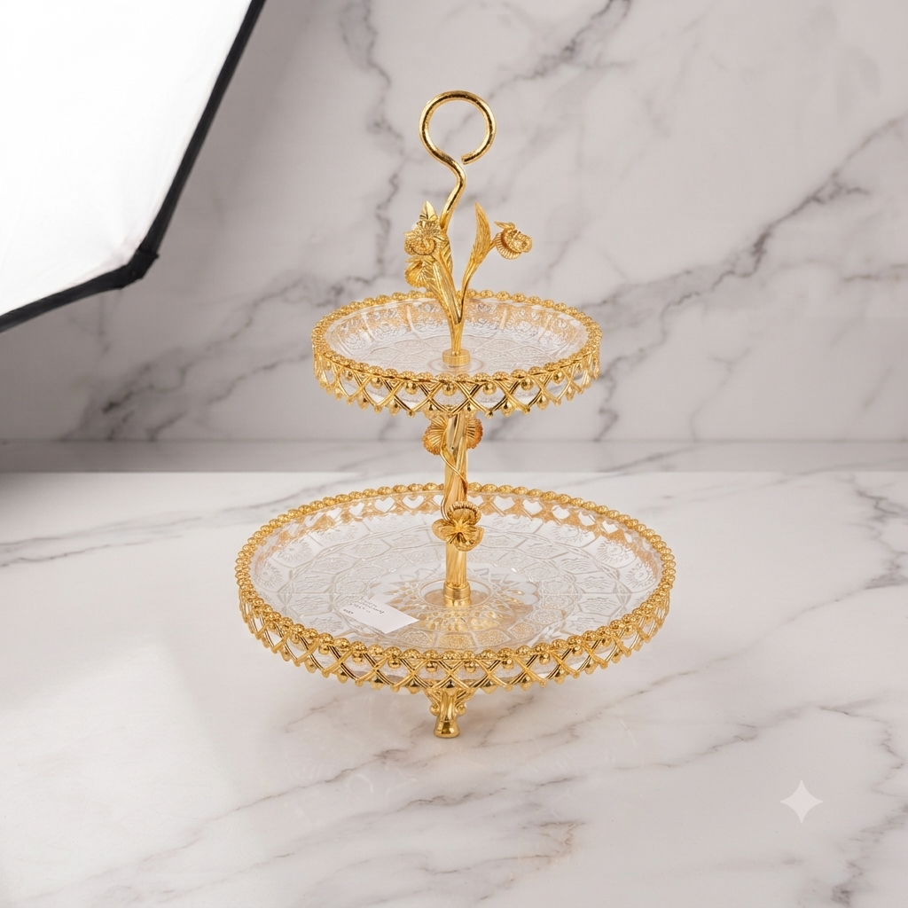 Présentoir à Gâteaux 2 Niveaux en Verre & Métal Doré – Design Floral Luxe