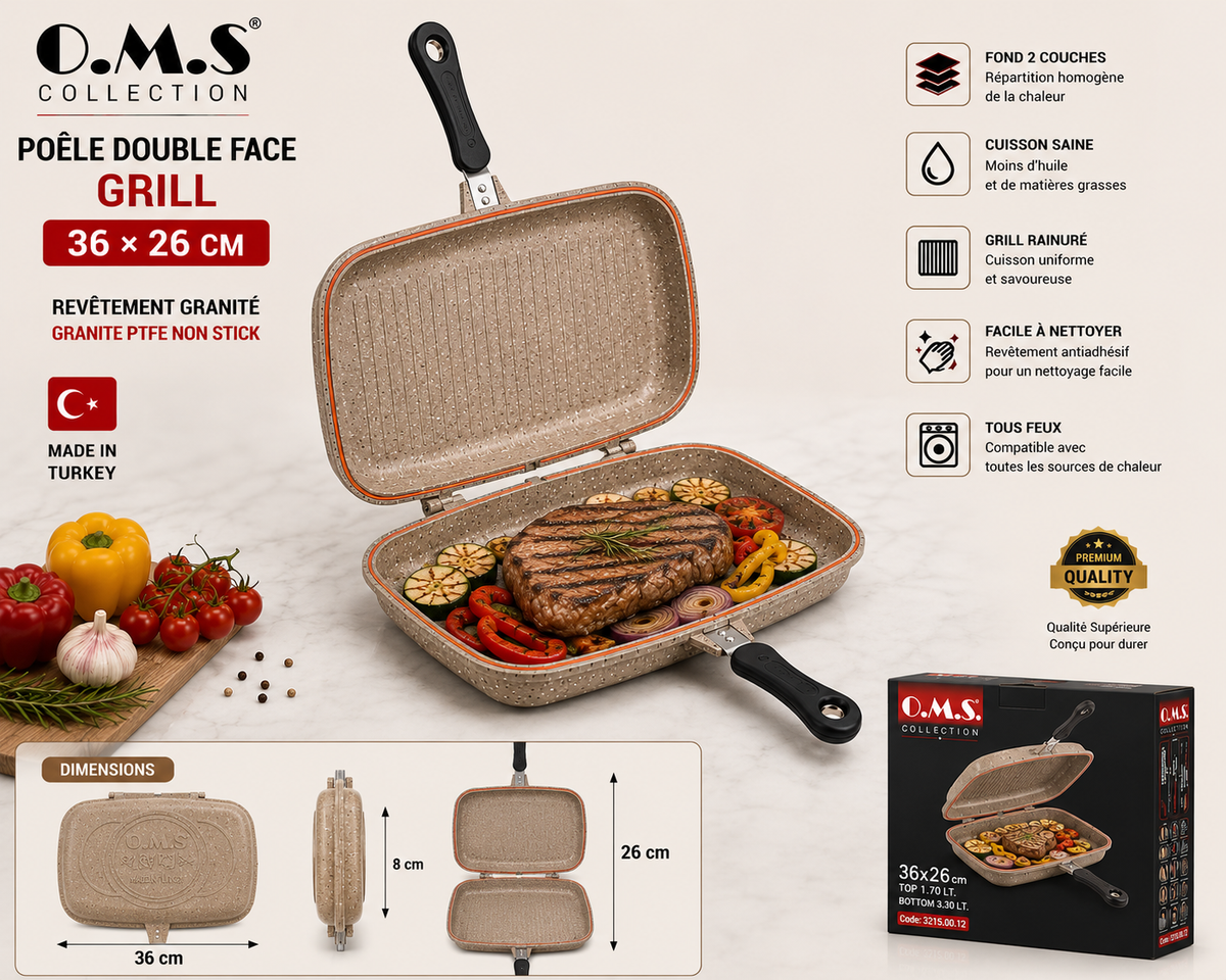Poêle Double Face Grill O.M.S. – 36 x 26 cm – Granite - Coloris Grège