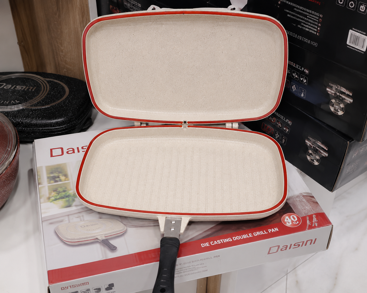 Poêle Double Face Grill DAISINI – 40 cm – Revêtement Granité -Coloris Blanc Cassé