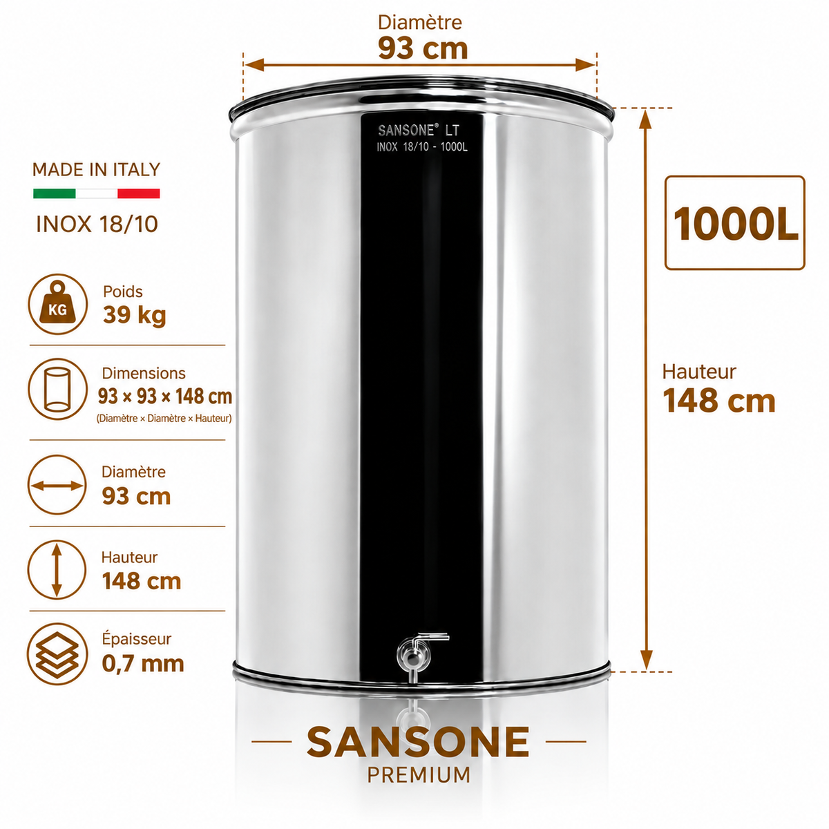 Citerne 1000L en Inox Alimentaire 18/10 Sansone Premium – Made in Italy