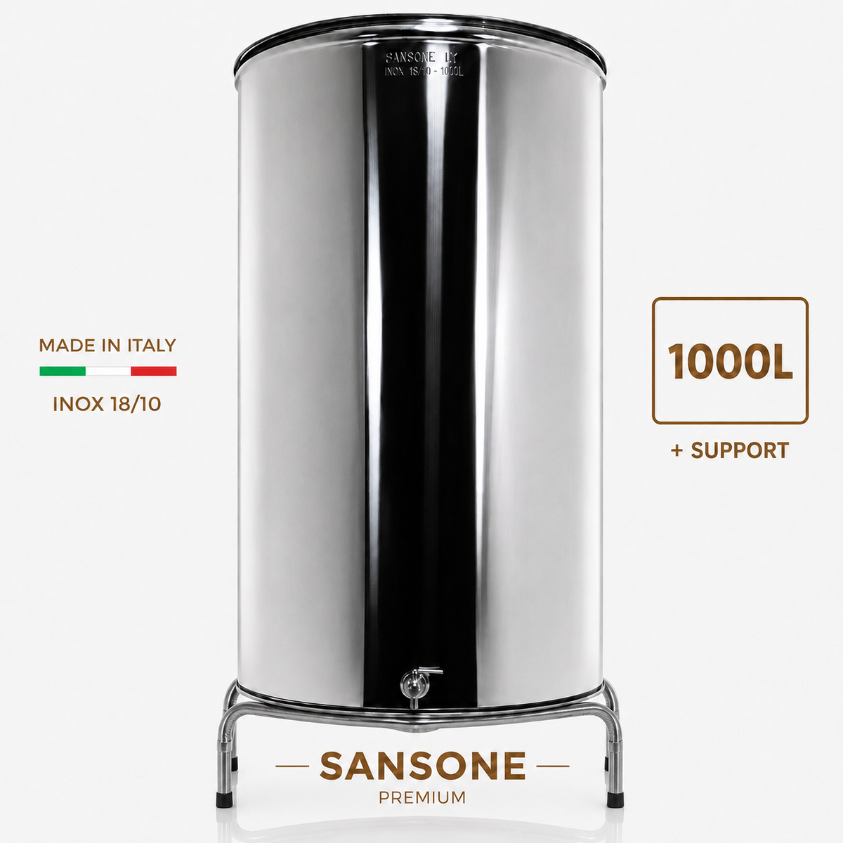 Citerne 1000L en Inox Alimentaire 18/10 Sansone Premium – Made in Italy – avec Support