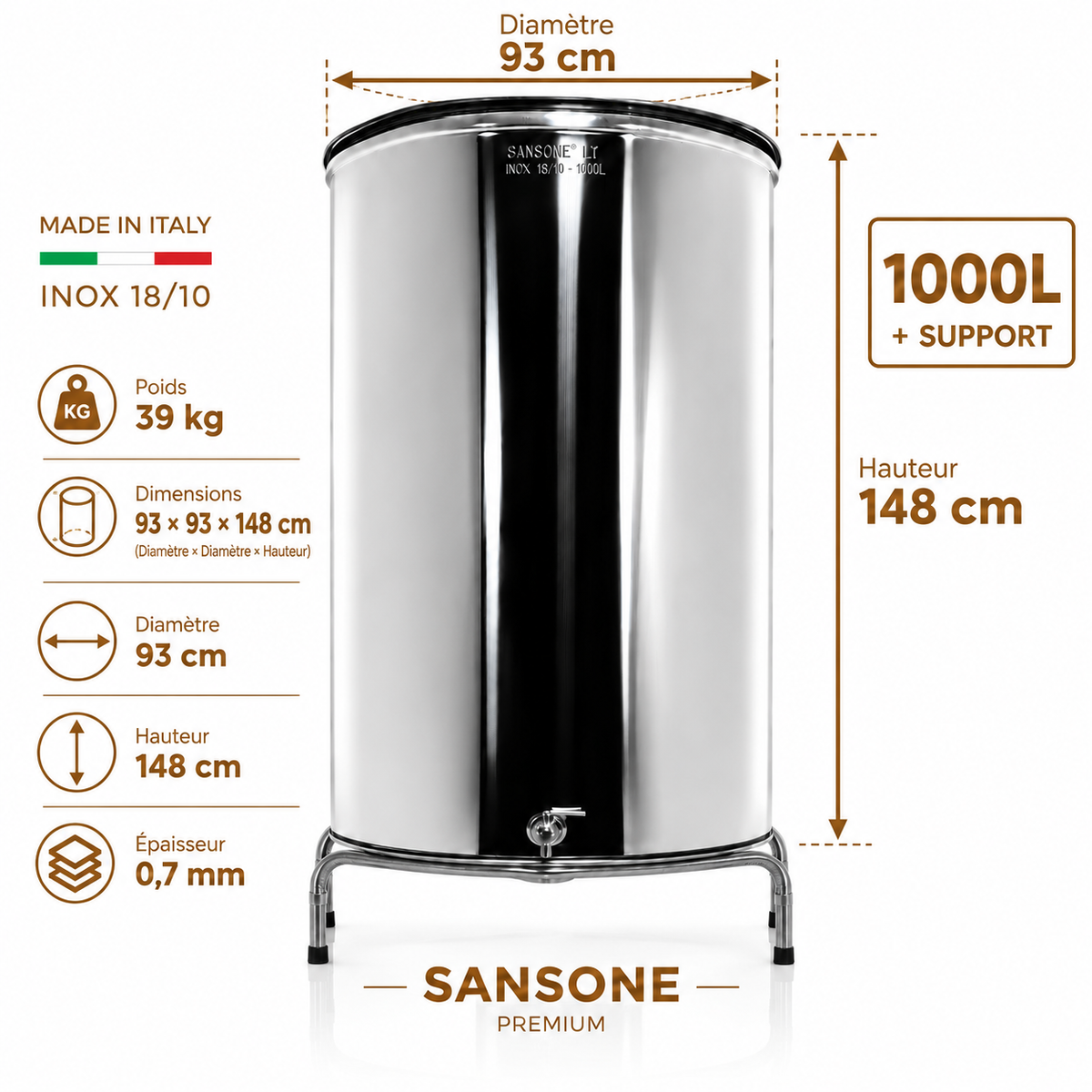 Citerne 1000L en Inox Alimentaire 18/10 Sansone Premium – Made in Italy – avec Support