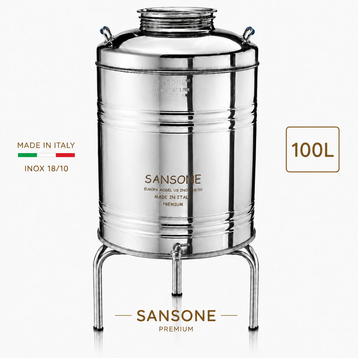 Citerne 100L en Inox Alimentaire 18/10 Sansone Premium – Made in Italy – avec Support