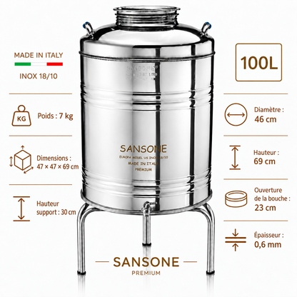 Citerne 100L en Inox Alimentaire 18/10 Sansone Premium – Made in Italy – avec Support