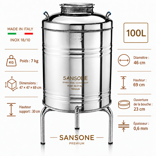 Citerne 100L en Inox Alimentaire 18/10 Sansone Premium – Made in Italy – avec Support