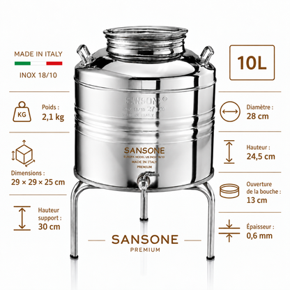 Citerne 10L en Inox Alimentaire 18/10 Sansone Premium – Made in Italy – avec Support