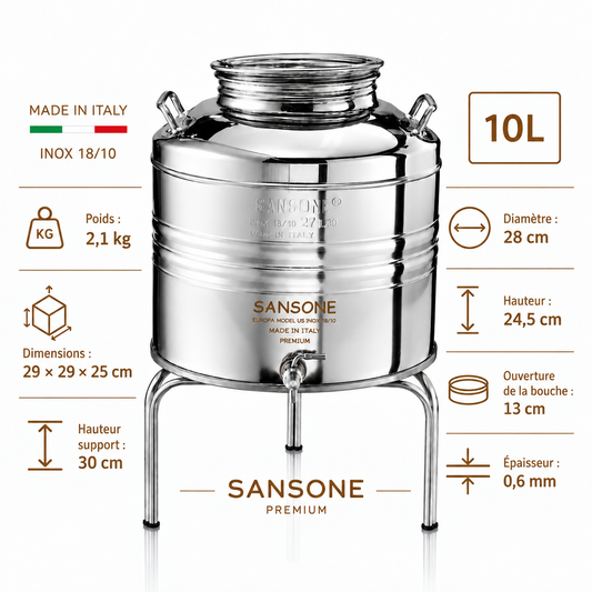 Citerne 10L en Inox Alimentaire 18/10 Sansone Premium – Made in Italy – avec Support