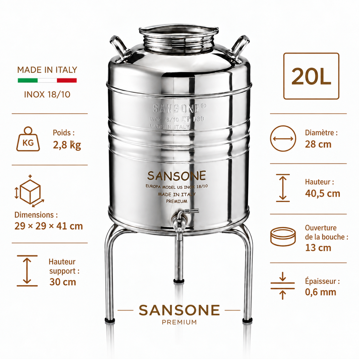 Citerne 20L en Inox Alimentaire 18/10 Sansone Premium – Made in Italy – avec Support