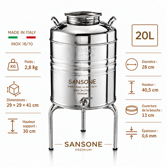 Citerne 20L en Inox Alimentaire 18/10 Sansone Premium – Made in Italy – avec Support
