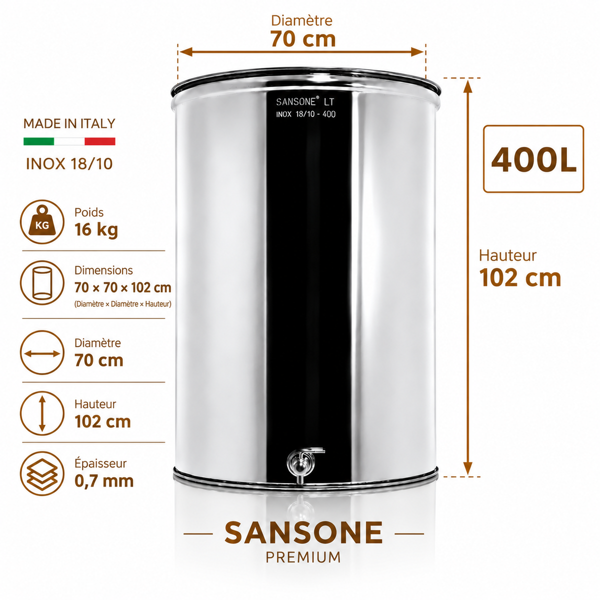 Citerne 400L en Inox Alimentaire 18/10 Sansone Premium – Made in Italy