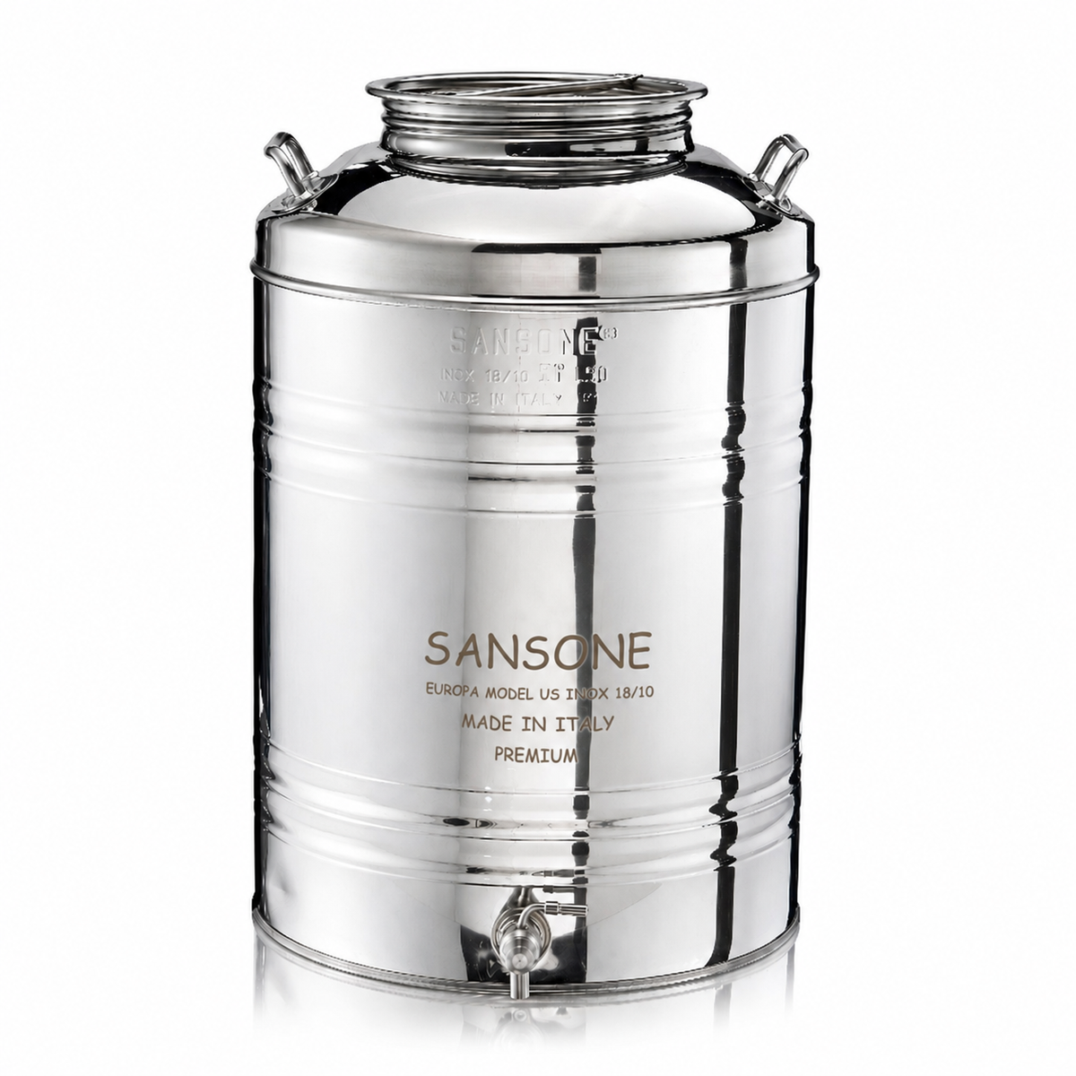 Citerne Sansone Premium 50 L avec couvercle, poignées et robinet inox, présentée sans son support.