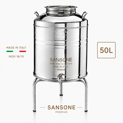 Citerne Sansone Premium 50 L en inox 18/10 avec robinet et support métallique, fabrication italienne.