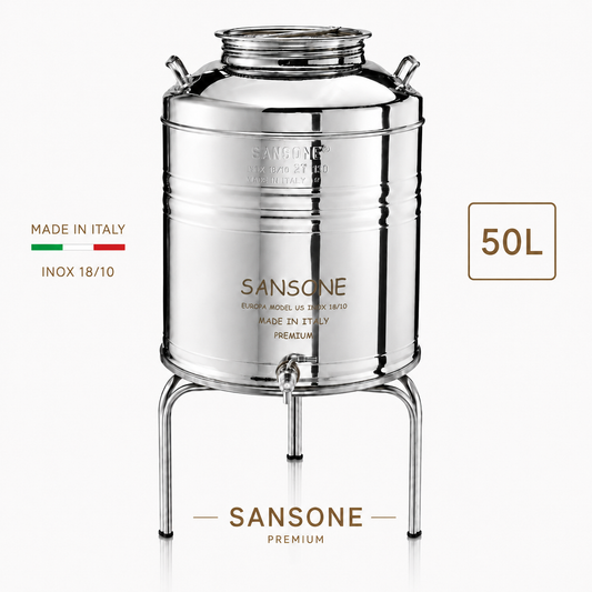 Citerne Sansone Premium 50 L en inox 18/10 avec robinet et support métallique, fabrication italienne.