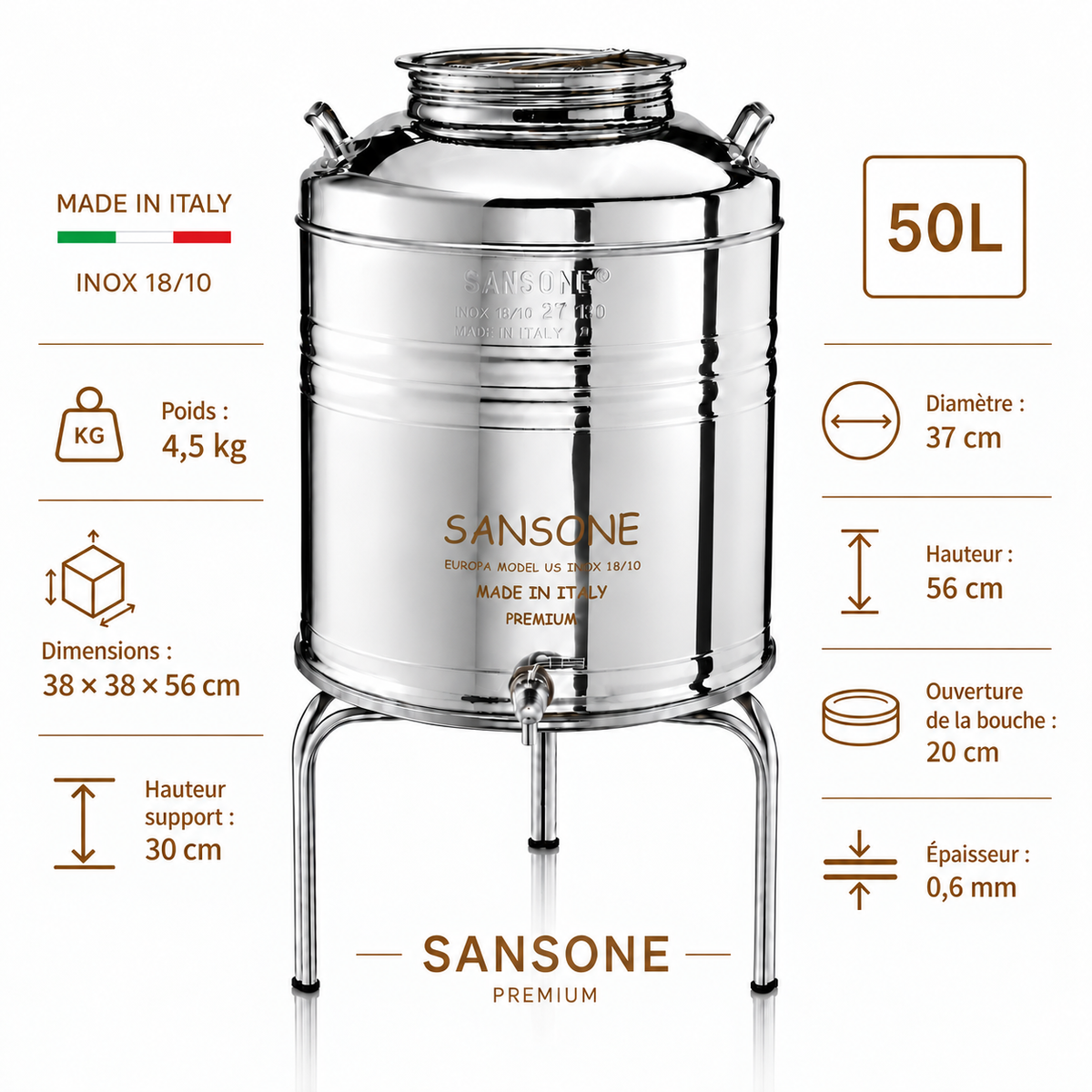 Citerne 50L en Inox Alimentaire 18/10 Sansone Premium – Made in Italy – avec Support
