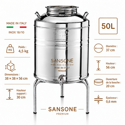 Citerne 50L en Inox Alimentaire 18/10 Sansone Premium – Made in Italy – avec Support