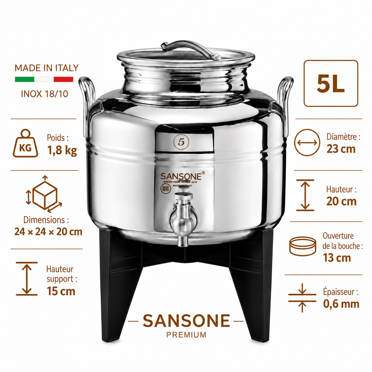 Citerne 5L en Inox Alimentaire 18/10 Sansone Premium – Made in Italy – avec Support