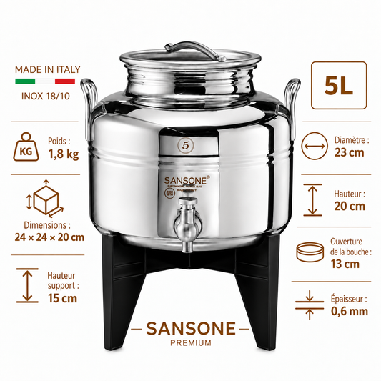 Citerne 5L en Inox Alimentaire 18/10 Sansone Premium – Made in Italy – avec Support