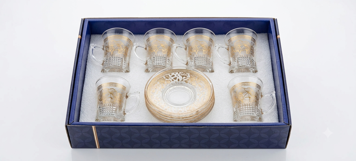 Service à Thé en Verre Ciselé - Motif Ginkgo Biloba Doré (12 Pièces)