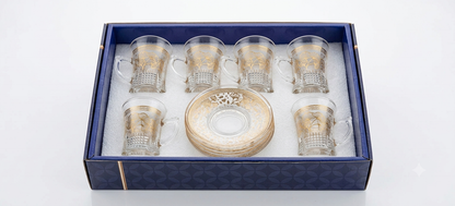 Service à Thé en Verre Ciselé - Motif Ginkgo Biloba Doré (12 Pièces)