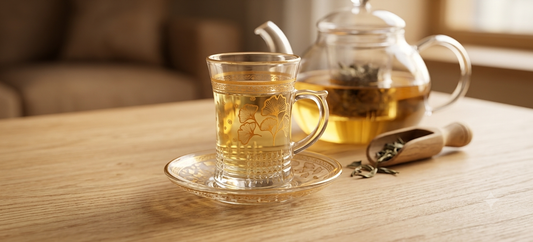 Service à Thé en Verre Ciselé - Motif Ginkgo Biloba Doré (12 Pièces)
