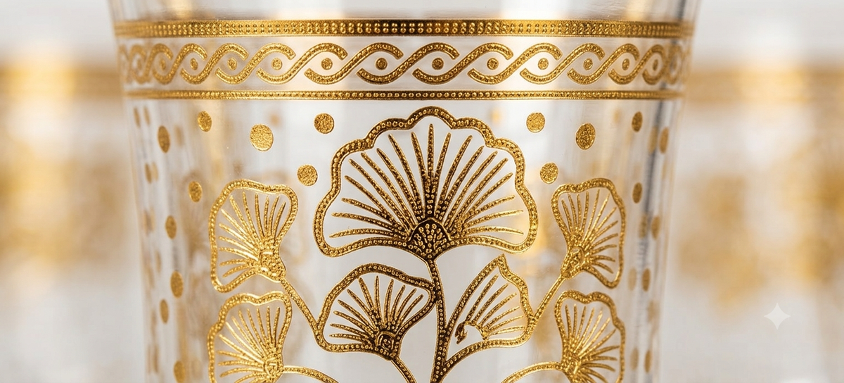 Service à Thé en Verre Ciselé - Motif Ginkgo Biloba Doré (12 Pièces)