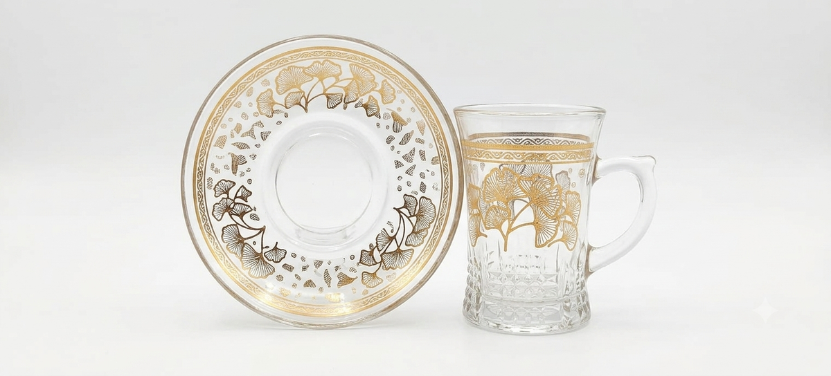 Service à Thé en Verre Ciselé - Motif Ginkgo Biloba Doré (12 Pièces)