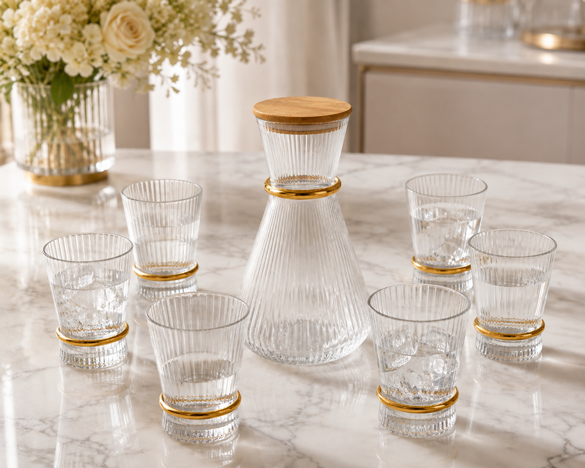 Ensemble Carafe et 6 Verres "Élégance Dorée & Bambou"