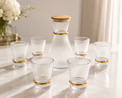 Ensemble Carafe et 6 Verres "Élégance Dorée & Bambou"