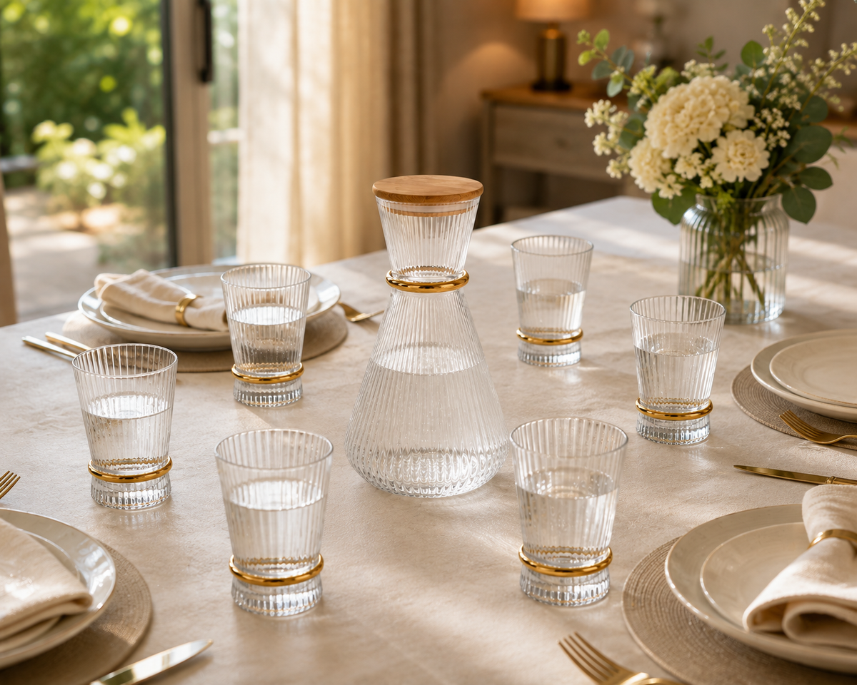 Ensemble Carafe et 6 Verres "Élégance Dorée & Bambou"