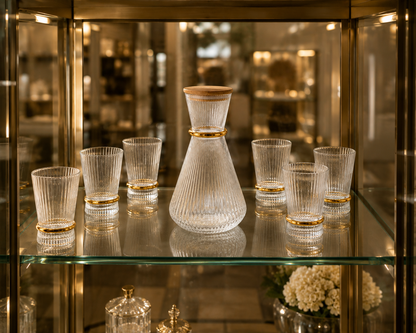Ensemble Carafe et 6 Verres "Élégance Dorée & Bambou"