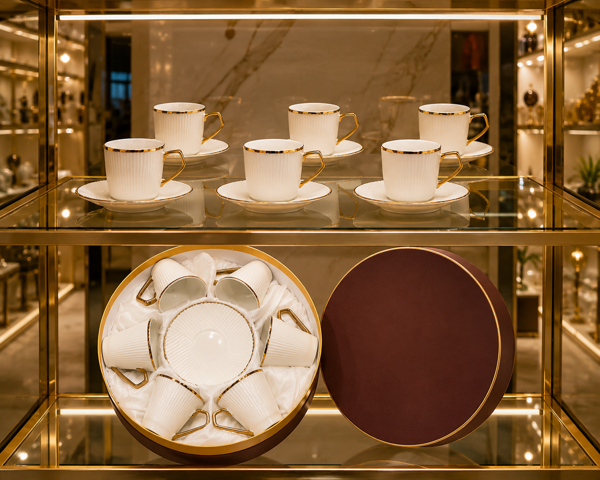 Service à Café "Blanc & Or" – Élégance & Minimalisme (Set de 6 Tasses et Soucoupes)