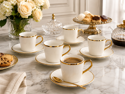 Service à Café "Blanc & Or" – Élégance & Minimalisme (Set de 6 Tasses et Soucoupes)