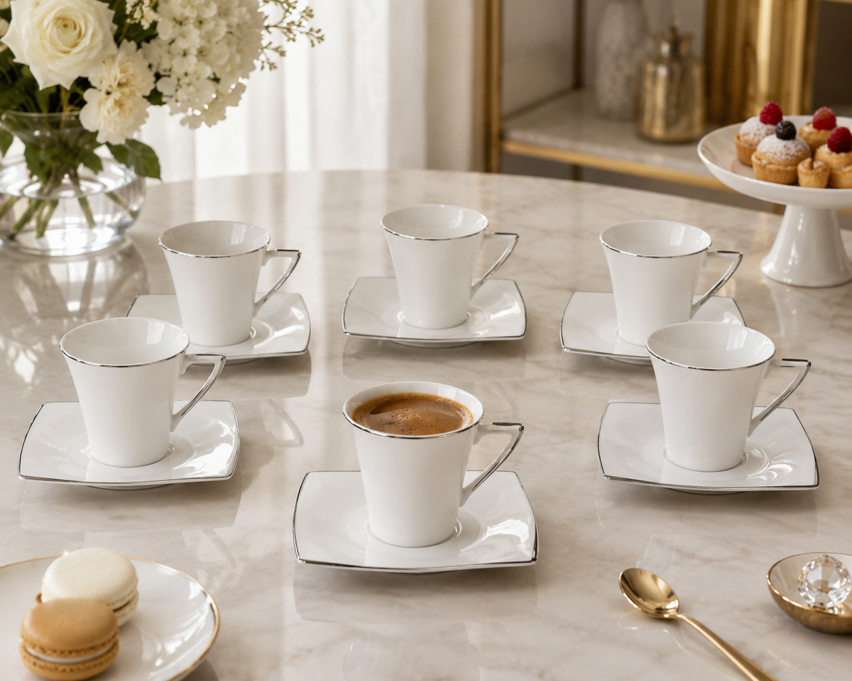 Service à Café "Carré Argenté" – Porcelaine & Finitions Argentées