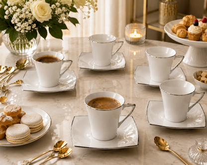 Service à Café "Carré Argenté" – Porcelaine & Finitions Argentées