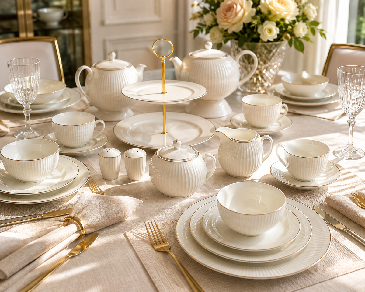 Service de Table Prestigieux "Éclat Doré" en Porcelaine – 60 Pièces