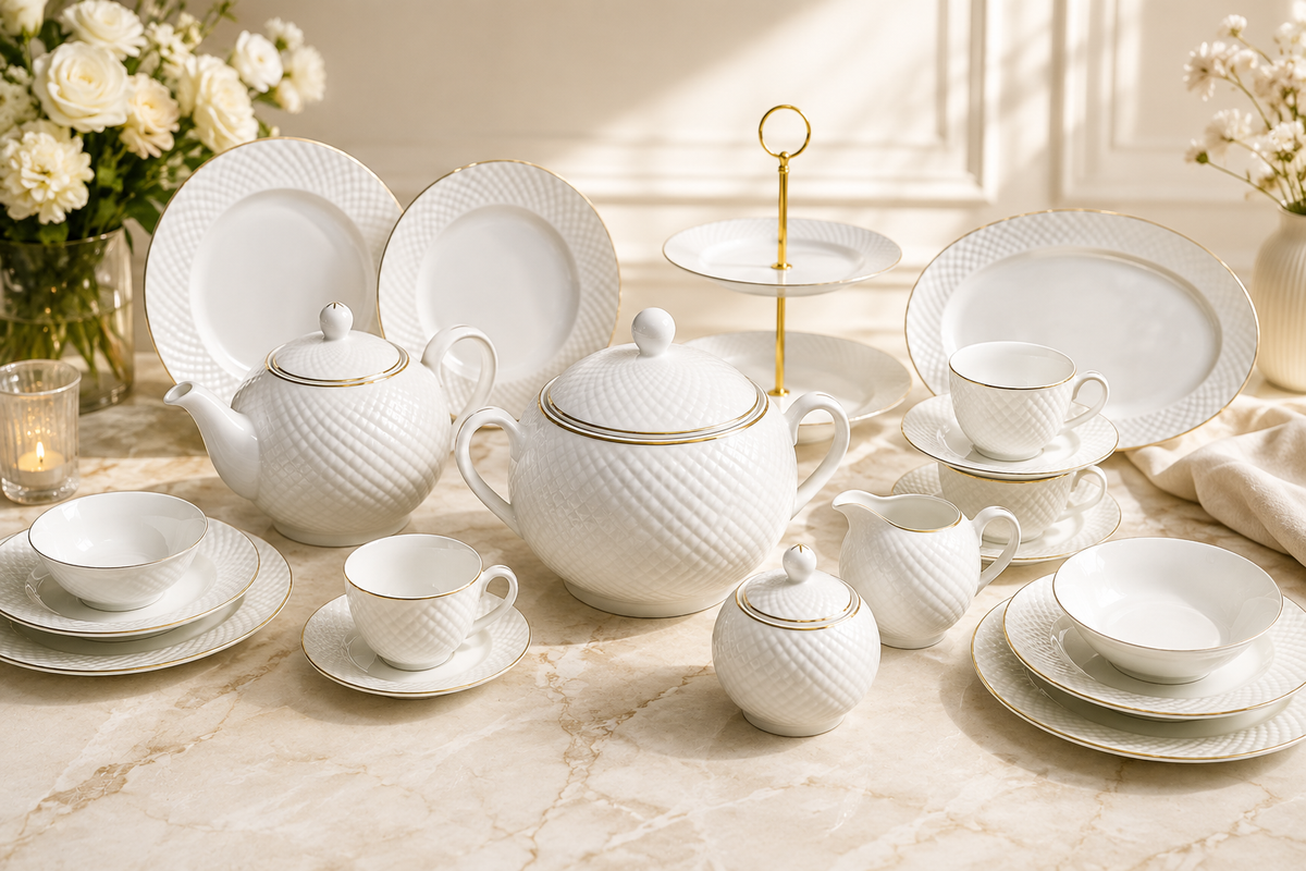 Service de Table Prestigieux "Diamant Blanc" en Porcelaine – 60 Pièces