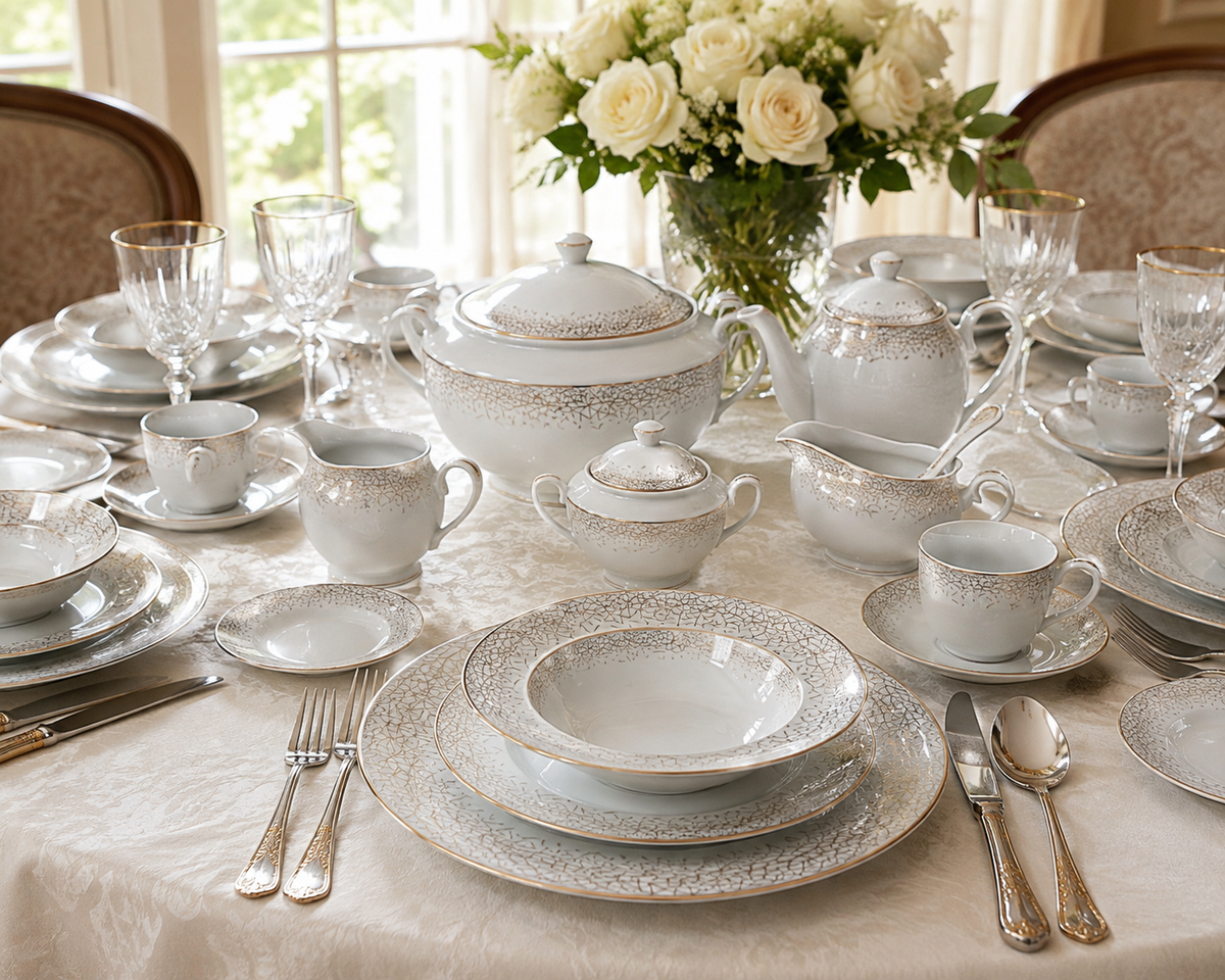 Service de Table Prestigieux "Éclat d'Or Impérial" L’Excellence de la Porcelaine Tunisienne (72 pièces)