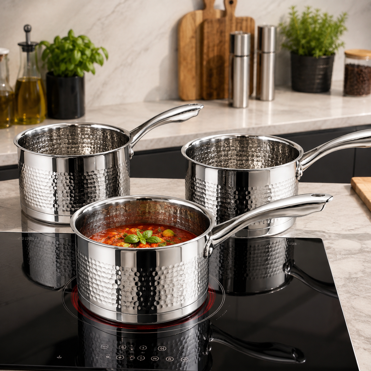 Set de 3 Casseroles – AMS Royal - Inox 18/10 Martelé - Compatible Induction