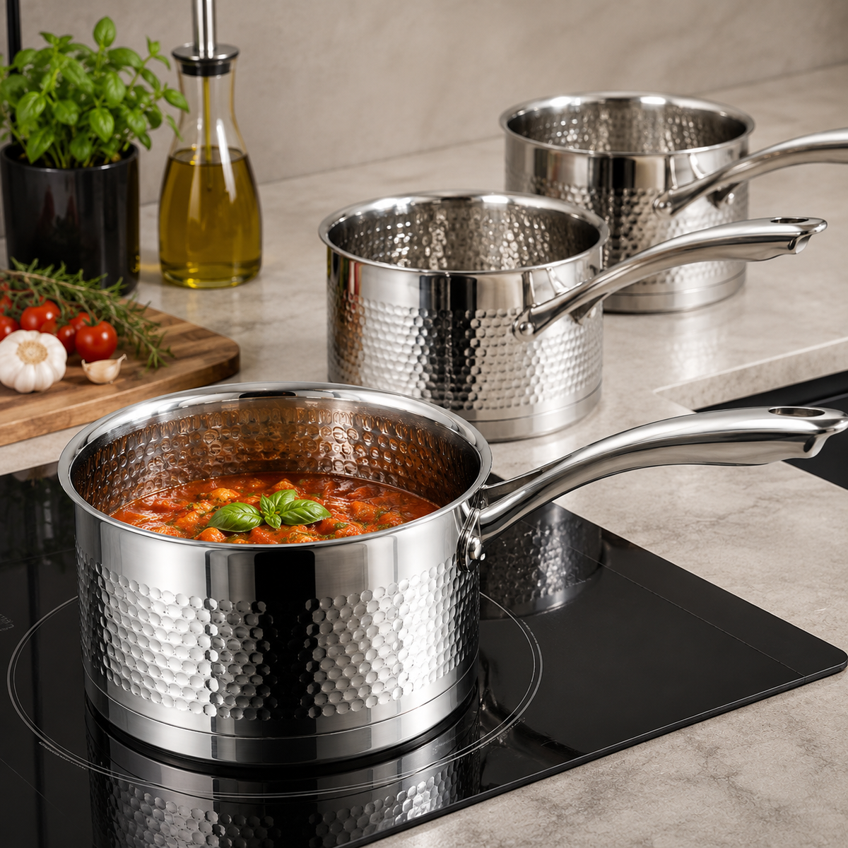 Set de 3 Casseroles – AMS Royal - Inox 18/10 Martelé - Compatible Induction