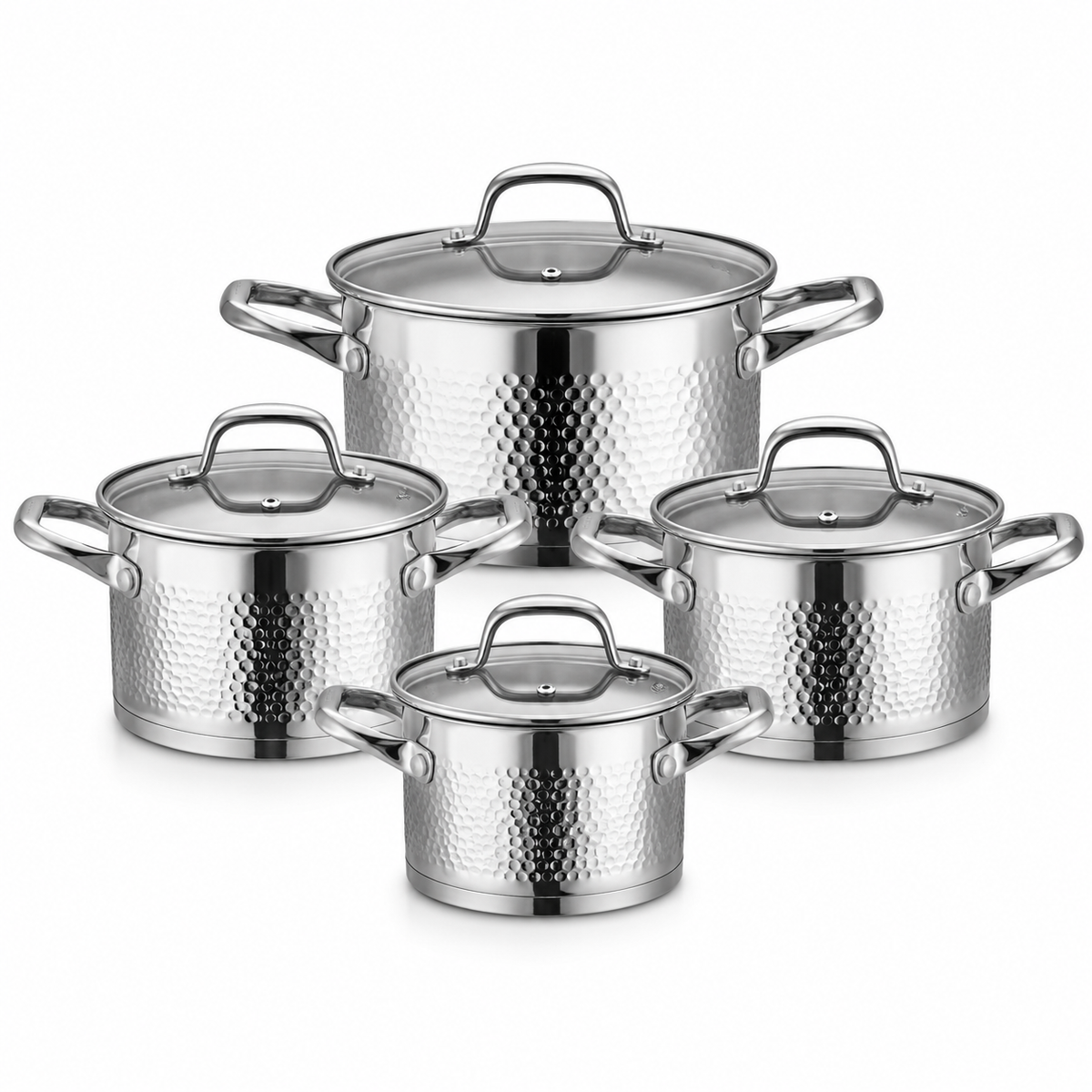 Set de Casseroles 8 Pièces AMS ROYAL - Inox 18/10 Martelé - Compatible Induction