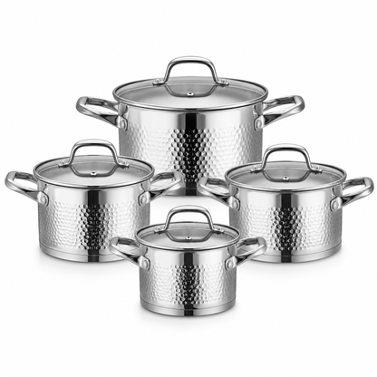 Set de Casseroles 8 Pièces AMS ROYAL - Inox 18/10 Martelé - Compatible Induction