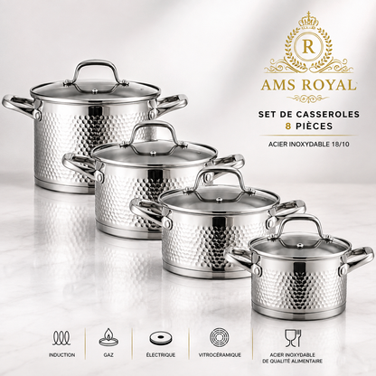 Set de Casseroles 8 Pièces AMS ROYAL - Inox 18/10 Martelé - Compatible Induction