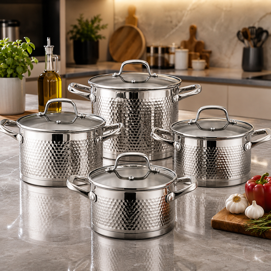 Set de Casseroles 8 Pièces AMS ROYAL - Inox 18/10 Martelé - Compatible Induction