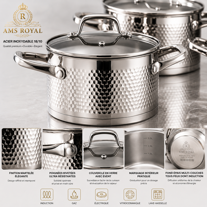 Set de Casseroles 8 Pièces AMS ROYAL - Inox 18/10 Martelé - Compatible Induction