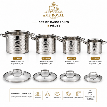 Set de Casseroles 8 Pièces AMS ROYAL - Inox 18/10 Martelé - Compatible Induction
